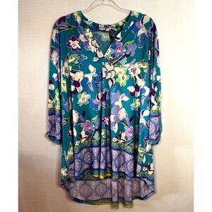 Honeyme Curvy 3XL Tropical Tunic V-Neck High/Low Hem Roll Tab Sleeves Cruisewear